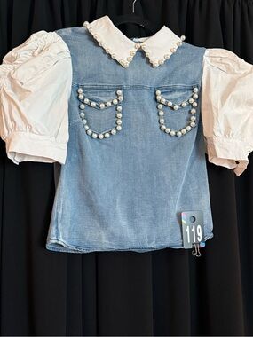 Pearl-Embellished Denim Blouse with Puff White Sleeves